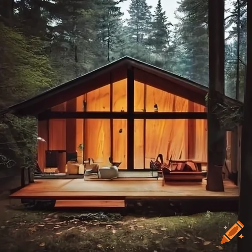 Mid-century modern cabin with lots of windows in a bohemian style