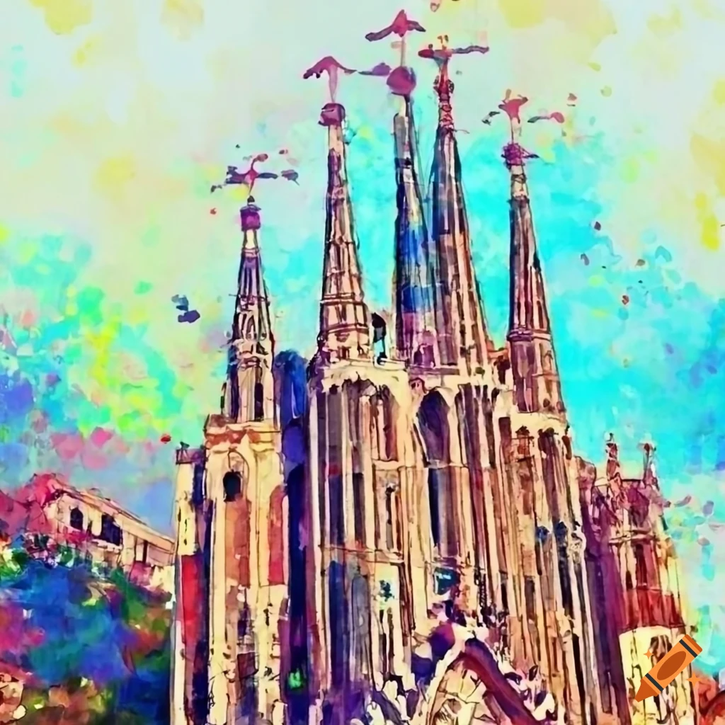 Watercolor illustration of famous tourist destinations in Barcelona city