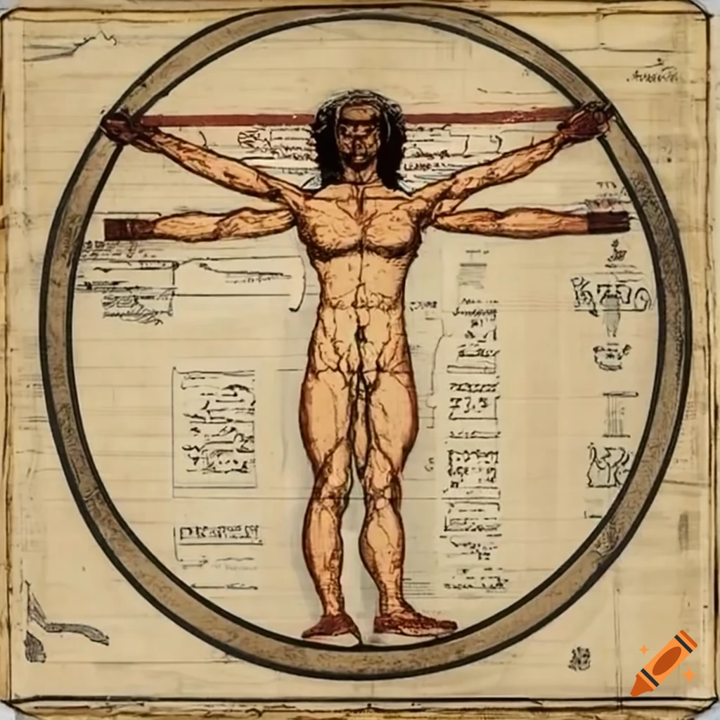 Vitruvian Man on papyrus surrounded by cryptic words
