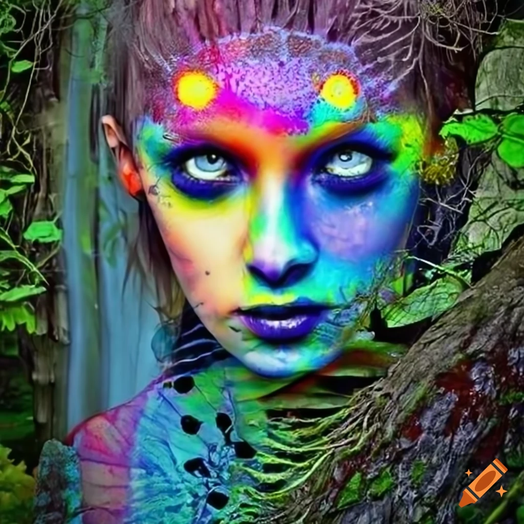 Vibrant and surreal woman's face in a gothic forest setting on Craiyon