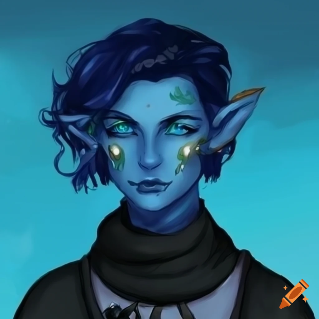 Water genasi druid with soft features in black clothes and short blue ...