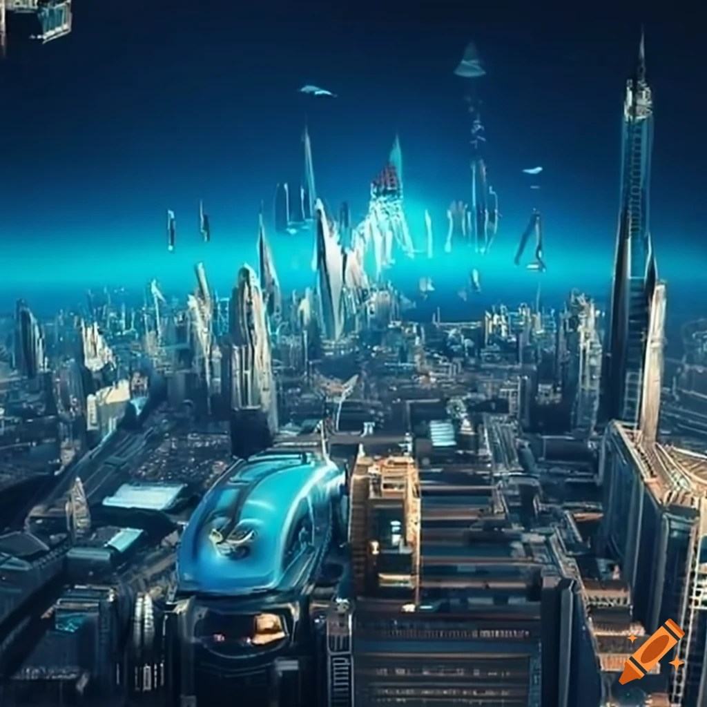 Futuristic city with flying cars on Craiyon