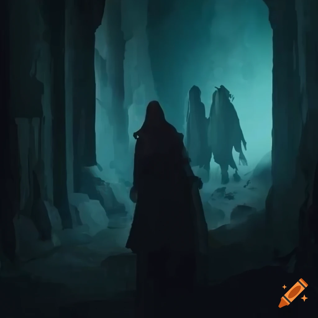 Brave adventurers entering a mysterious dungeon with moody lighting