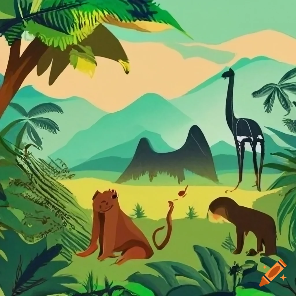 Jungle painting with animals, trees, and hills on Craiyon