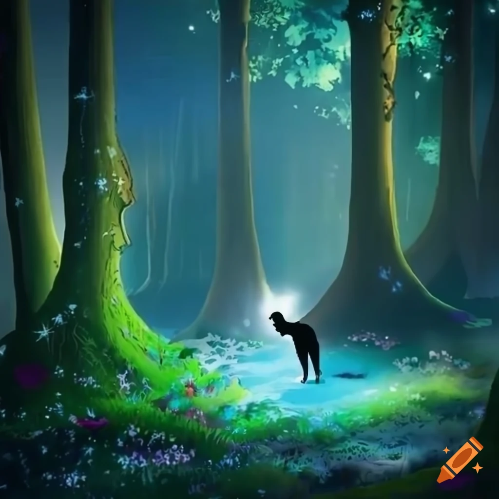 Enchanted forest with a black labrador retriever under moonlight on Craiyon