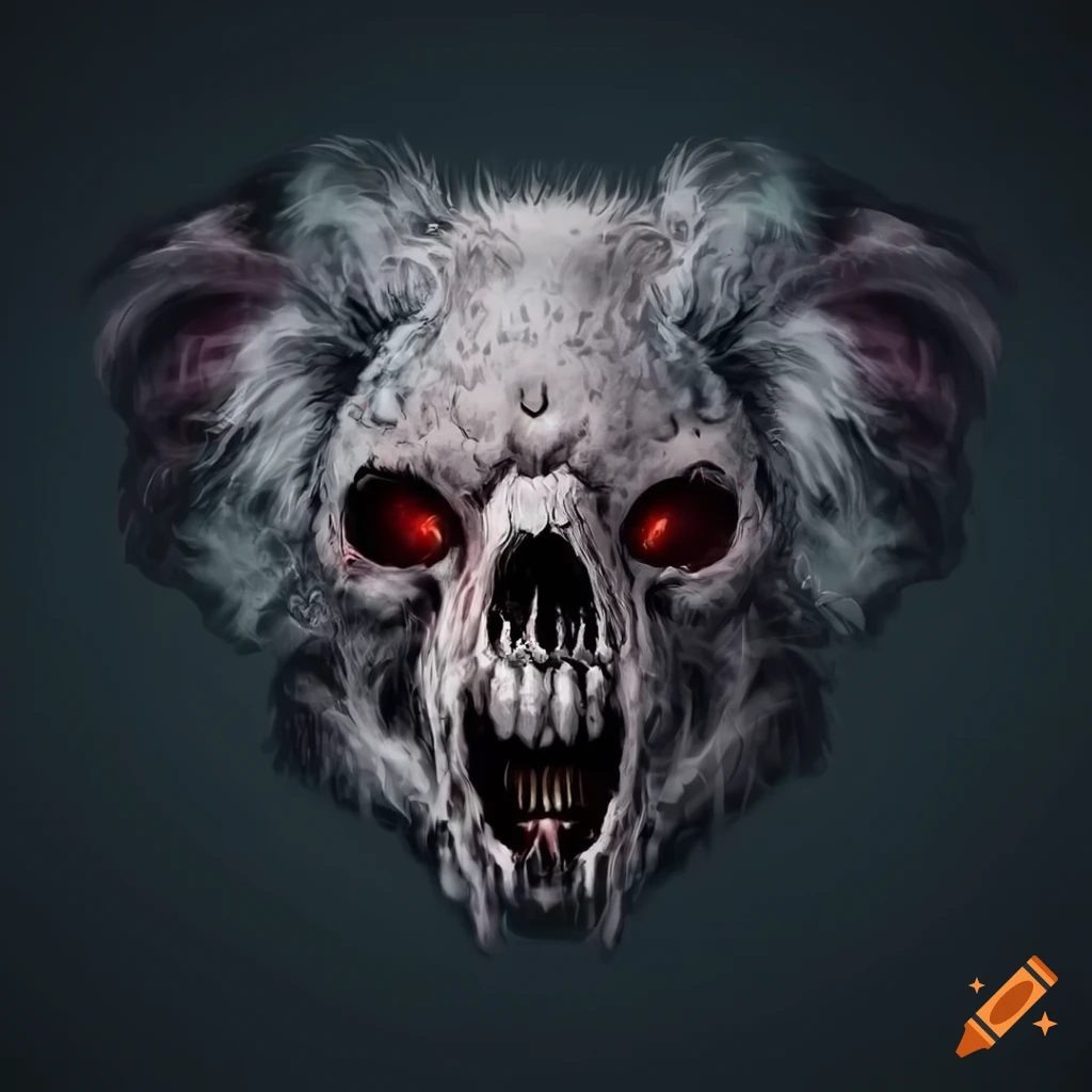 Menacing evil koala skull design inspired by Nordic folklore with smoke background