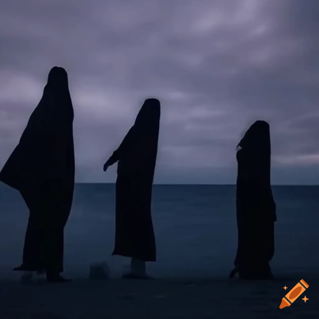 People in vintage ghost costumes on a rocky coast with galaxy sky