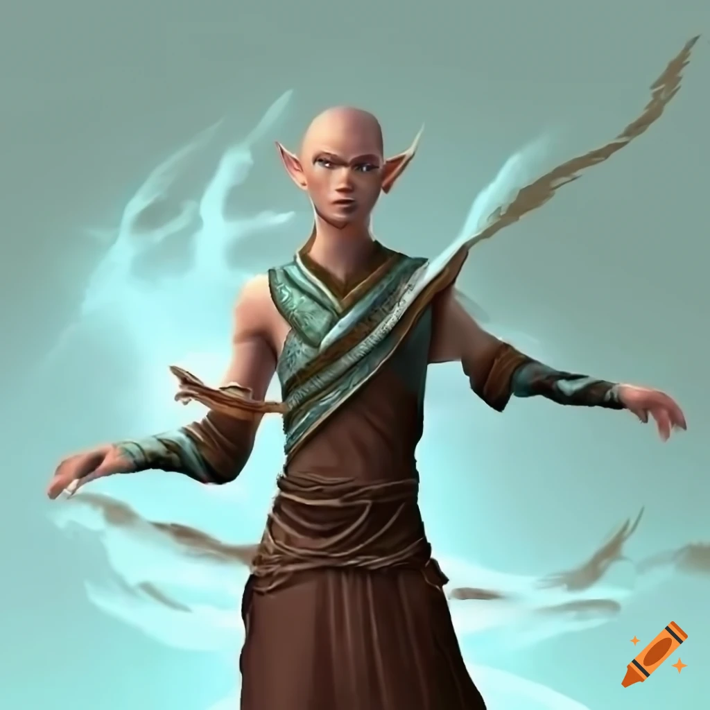 Male elf monk gracefully moving through the air surrounded by ethereal wind patterns
