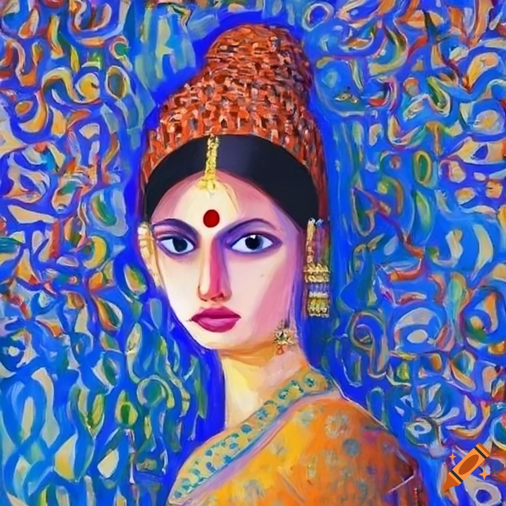 Indian woman with a seurat-style bluish background on Craiyon