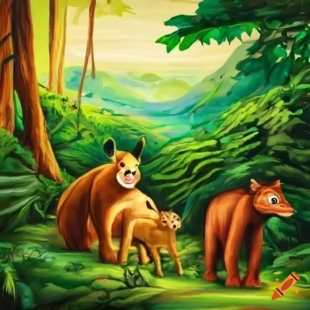 Jungle painting with animals, trees, and hills on Craiyon