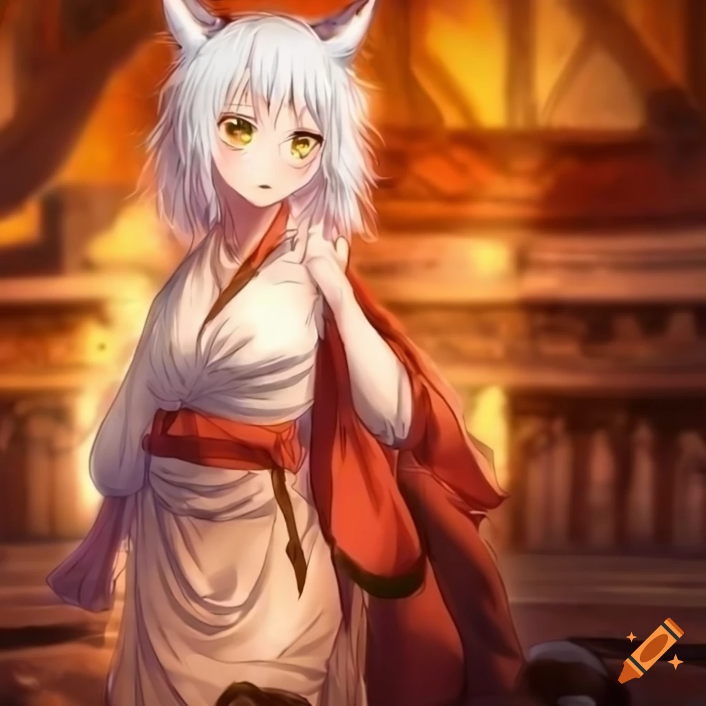 Anime monk girl with fox features in a medieval fantasy temple