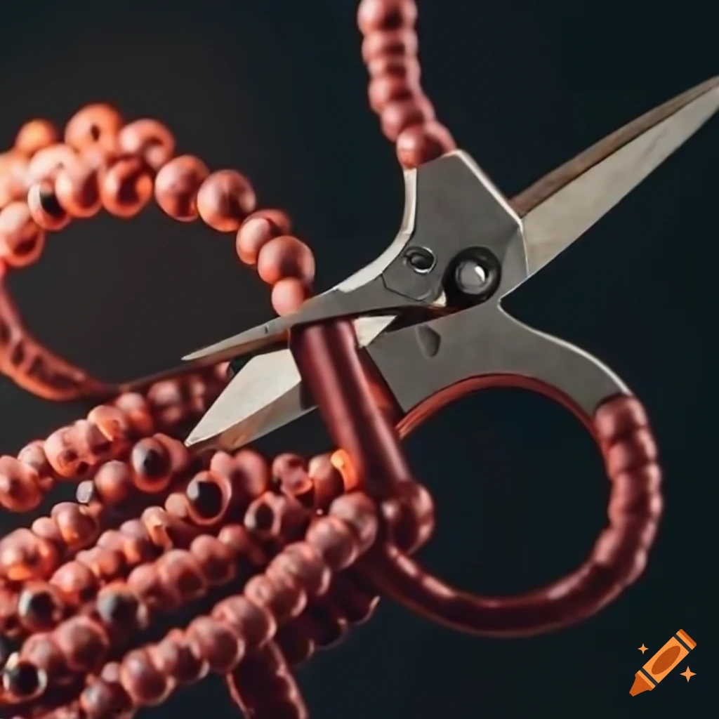 Scissors cutting beads with dividing cells in the background