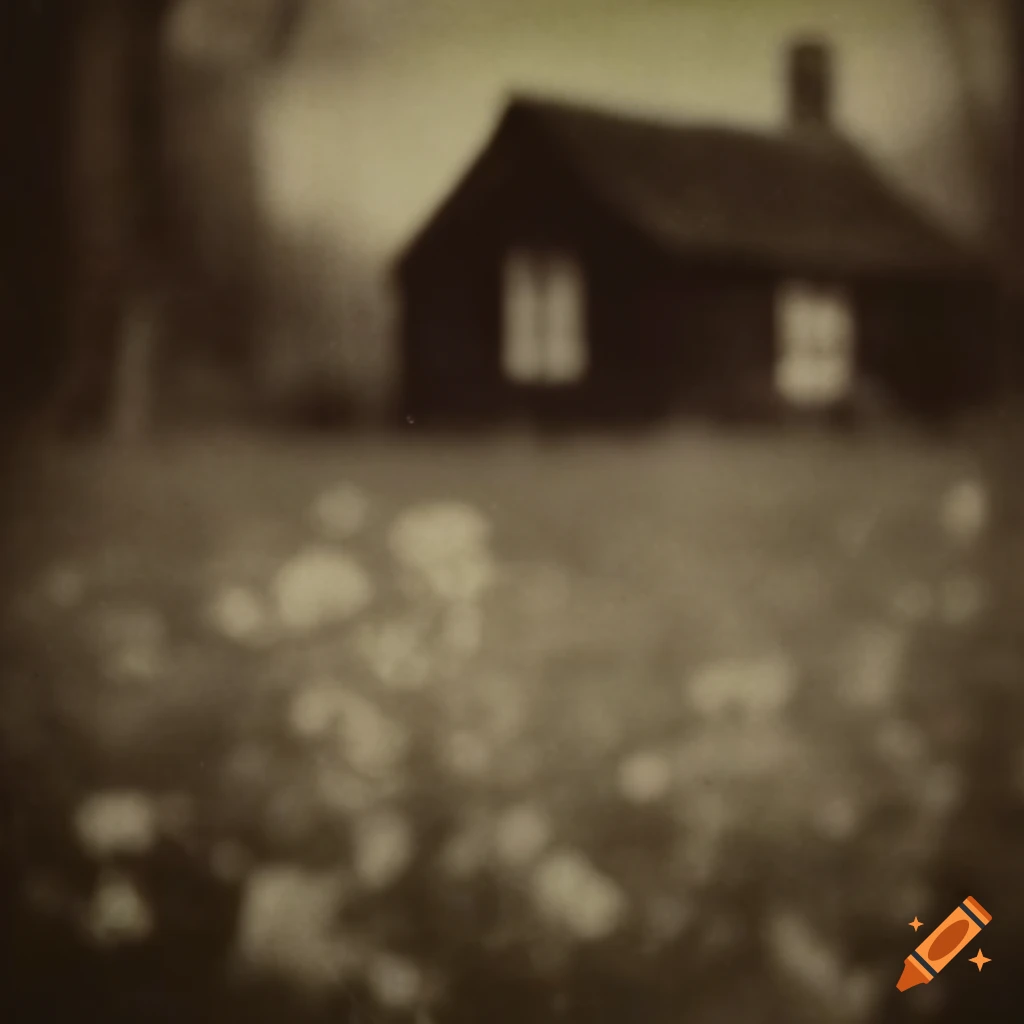Blurry cottage in a flowery meadow in vintage photography style
