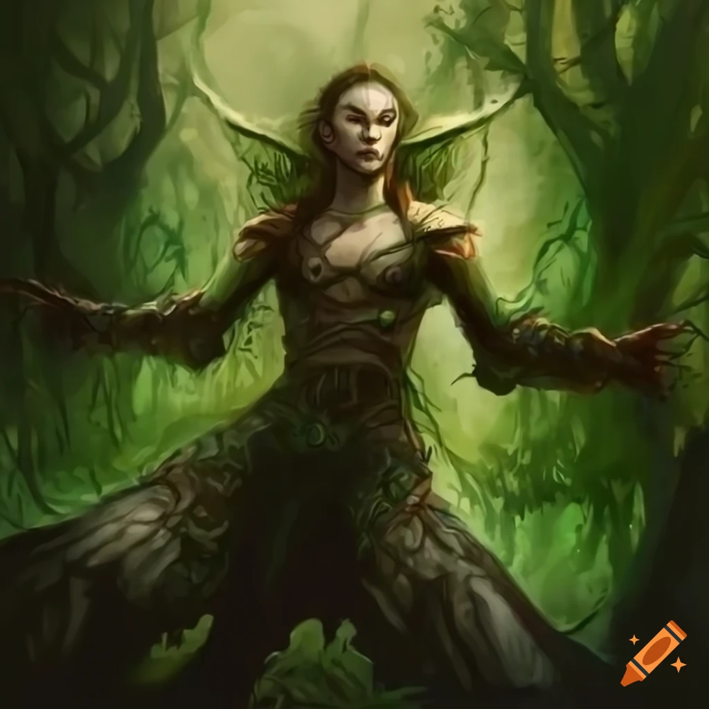 Elf warrior engaged in battle in a forest in mtg fantasy art on Craiyon