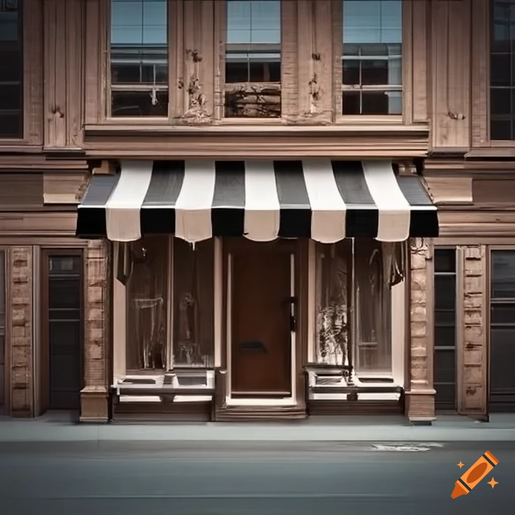 Charming clothing store front with black and white awning and antique wood trim