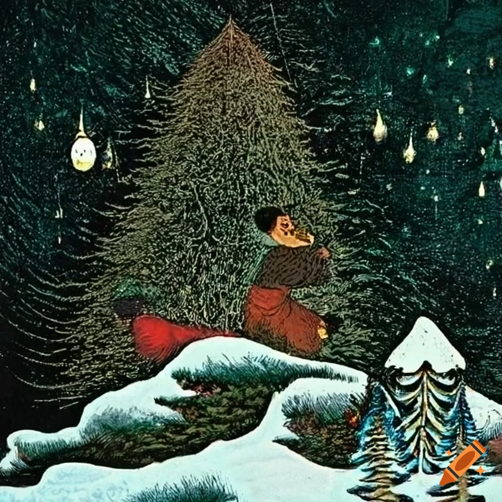 Festive holiday country christmas scene with native salish and russian ...