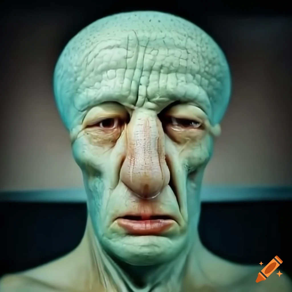 Realistic Squidward pointing to chin in contemplation