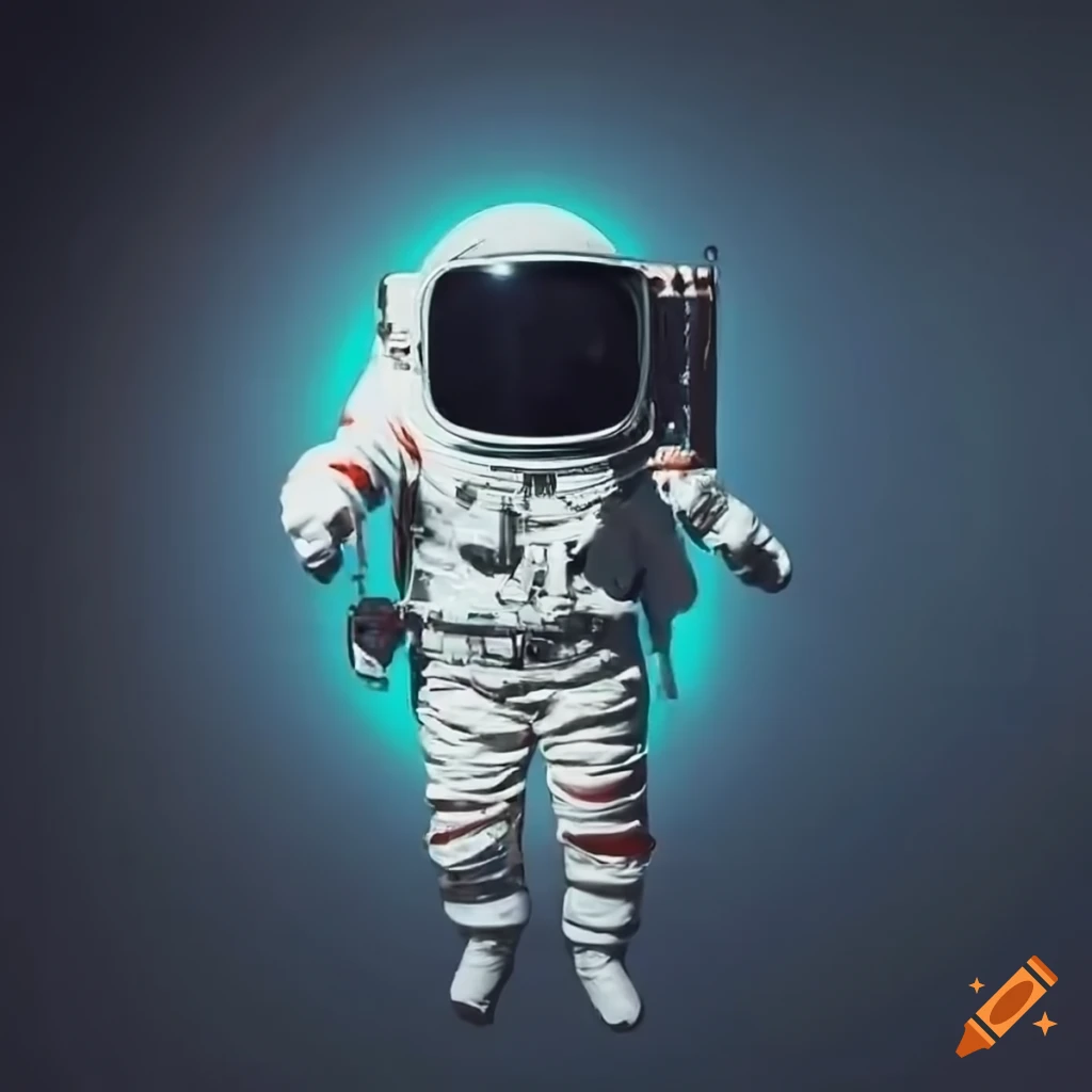 Close up of astronaut with a vintage TV face floating by a planet