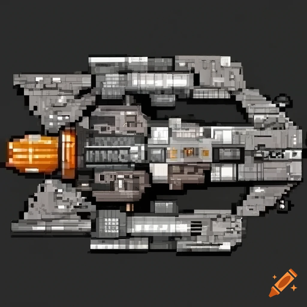 Top-down view of a pixel art starship in dark space on Craiyon