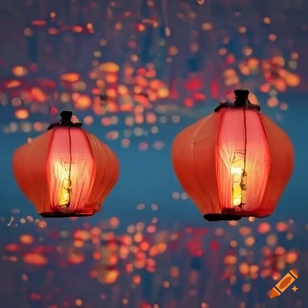 Chinese lanterns floating over water in vivid 4k digital art