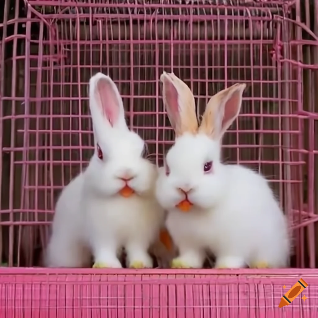 Two white rabbits in a pink cage eating a carrot on Craiyon