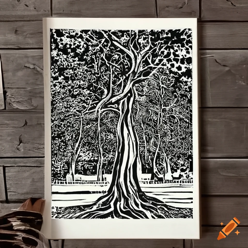 Black and white linocut print of an olive tree surrounded by serene