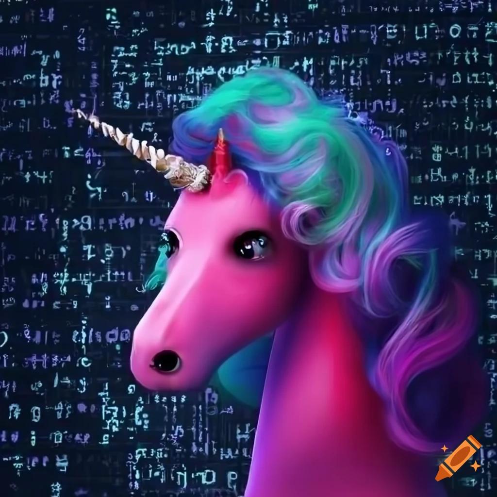 Unicorn with curly rainbow hair against a background of programming ...