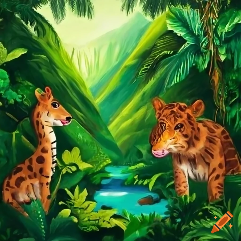 Jungle painting with animals, trees, and hills on Craiyon