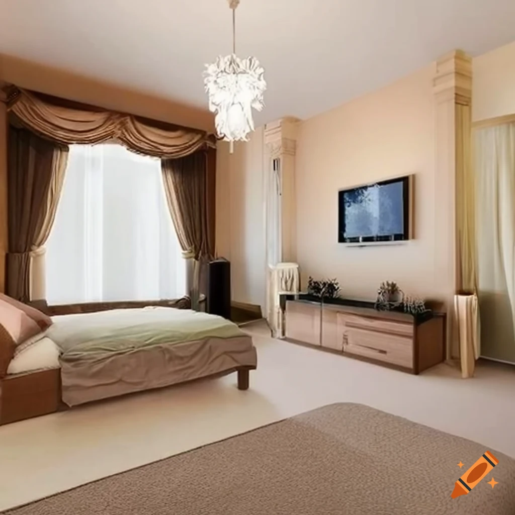 Luxurious 600 sqft bedroom with king size bed, tv, couch, and office table on Craiyon