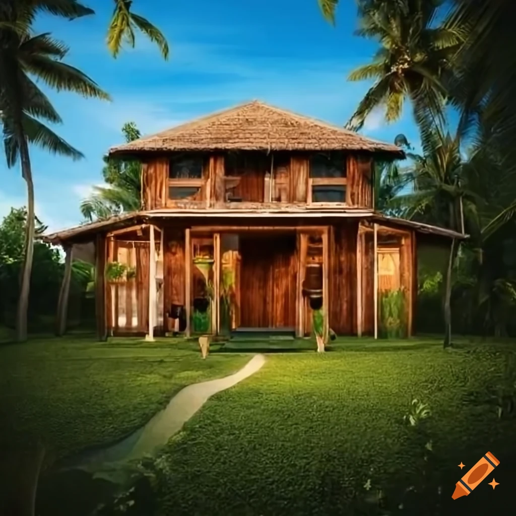 Front elevation of a residential home with a fusion of Asian tropical and barn house architectural style