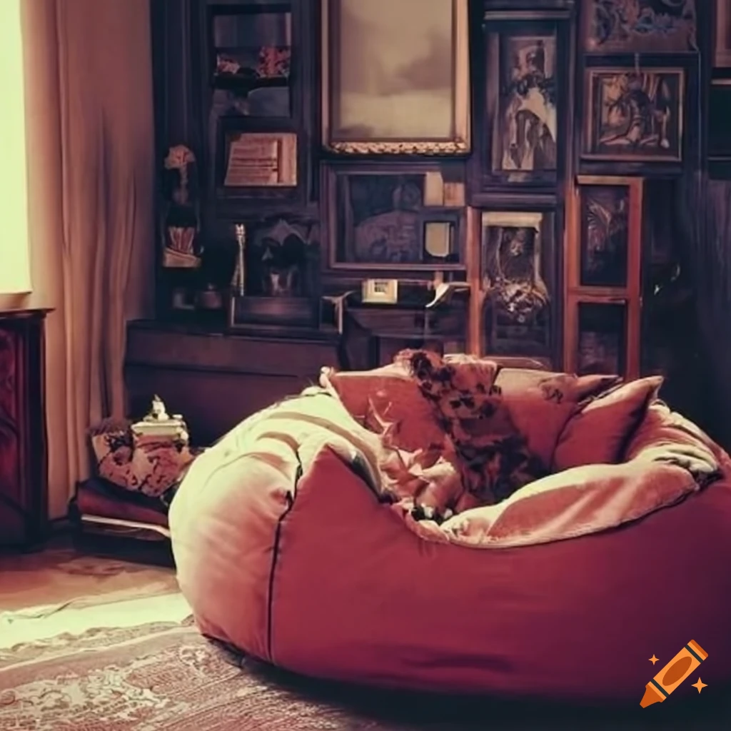 Cozy living room with bean bag chair, accent pillows, and vintage