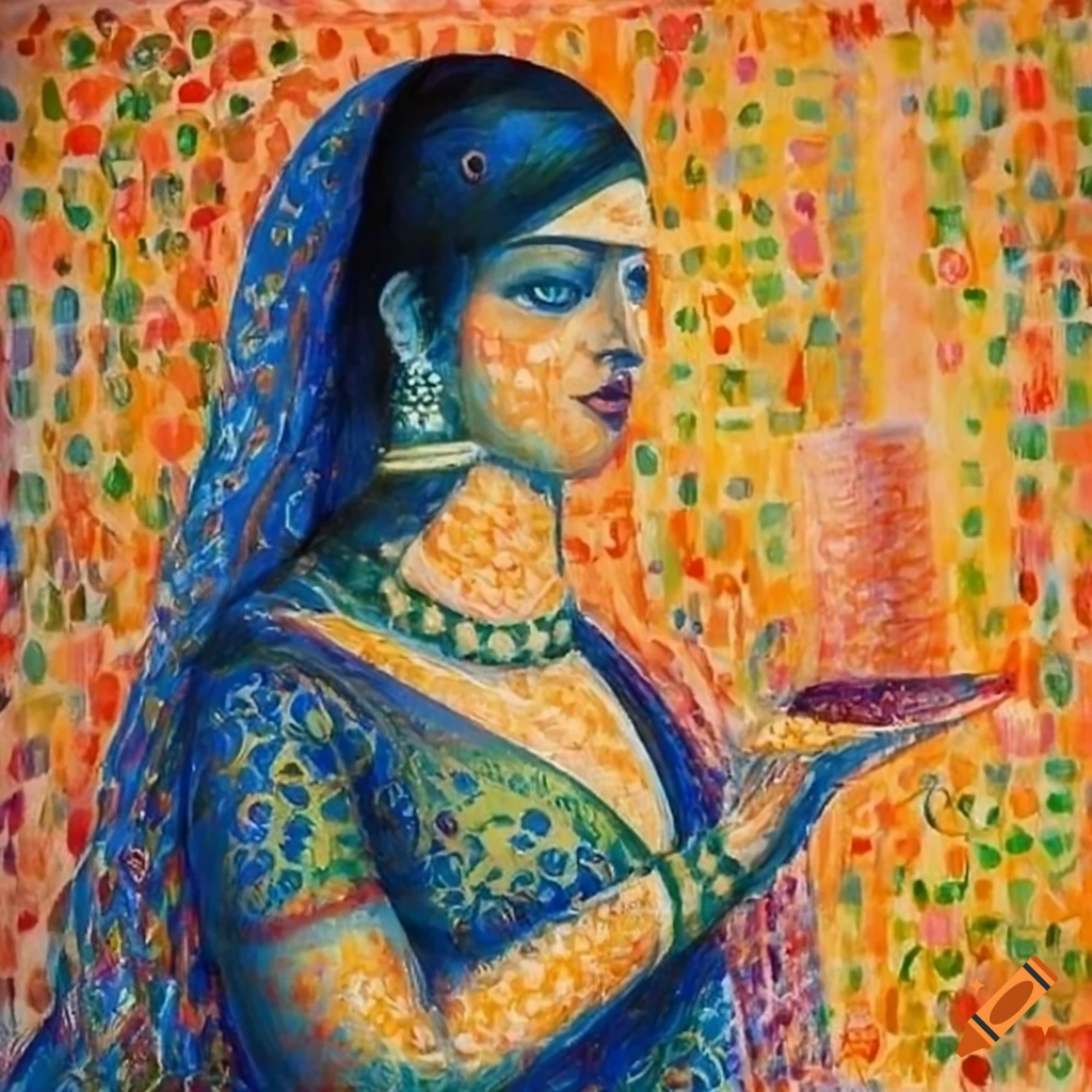 Indian woman with a style reminiscent of Seurat's art