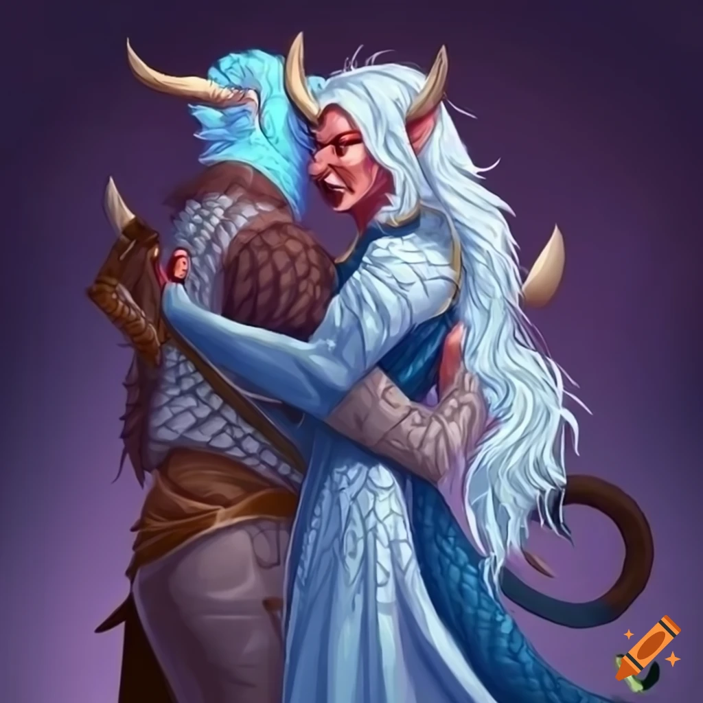 White dragonborn and a female mage tiefling hugging