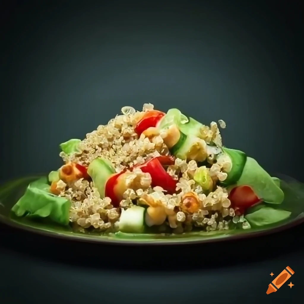 Healthy salad made with quinoa, chickpeas, cucumber, apple, romaine lettuce, and red bell pepper