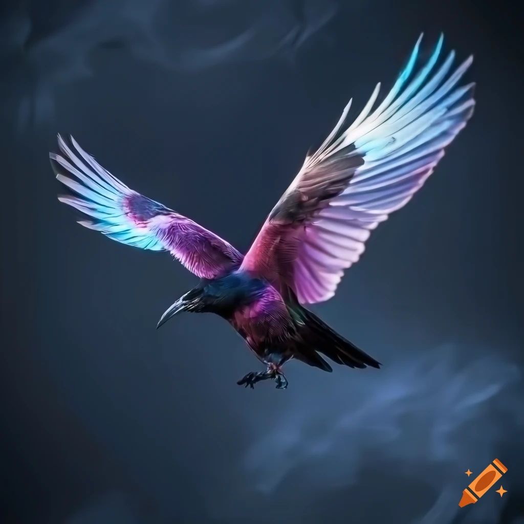 Patterned Raven In Flight Flying raven with beautiful lighting and detailed feathers on Craiyon