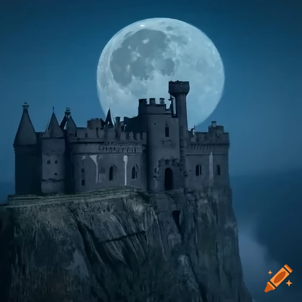 Castle facade in a misty valley with a full moon and towering cliffs on ...