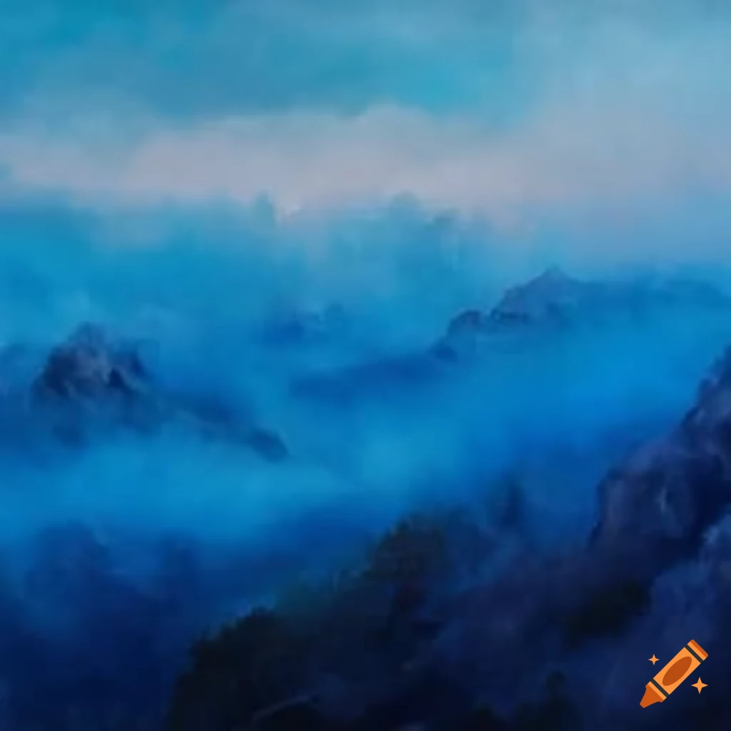 Blue fog and fire with mountains in the background and snowfall in