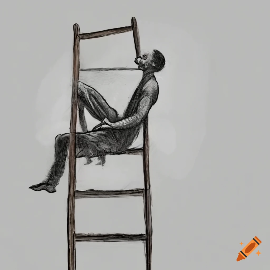 Gray pencil drawing of a man climbing an old wooden ladder