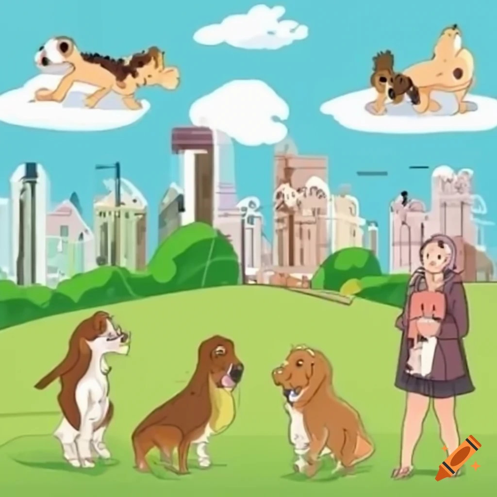 Lively dog park scene with various breeds interacting with owners