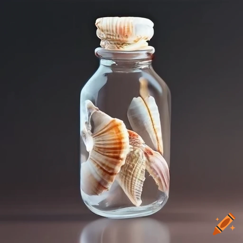 Handcrafted semi translucent crystal bottle filled with seashells in Fibonacci pattern