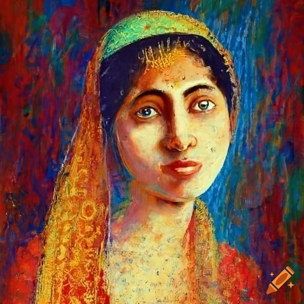 Indian girl in traditional clothes in Seurat style