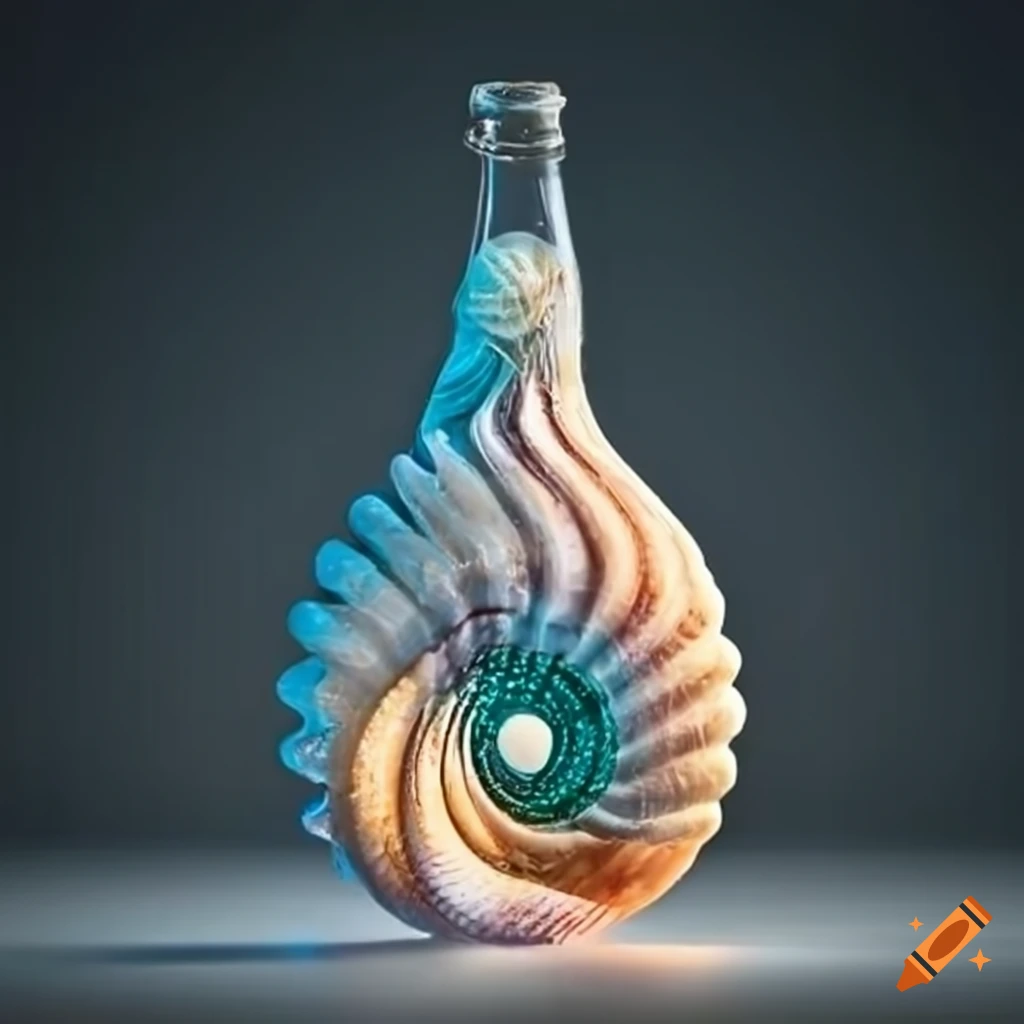 Glass bottle filled with seashells arranged in Fibonacci sequence