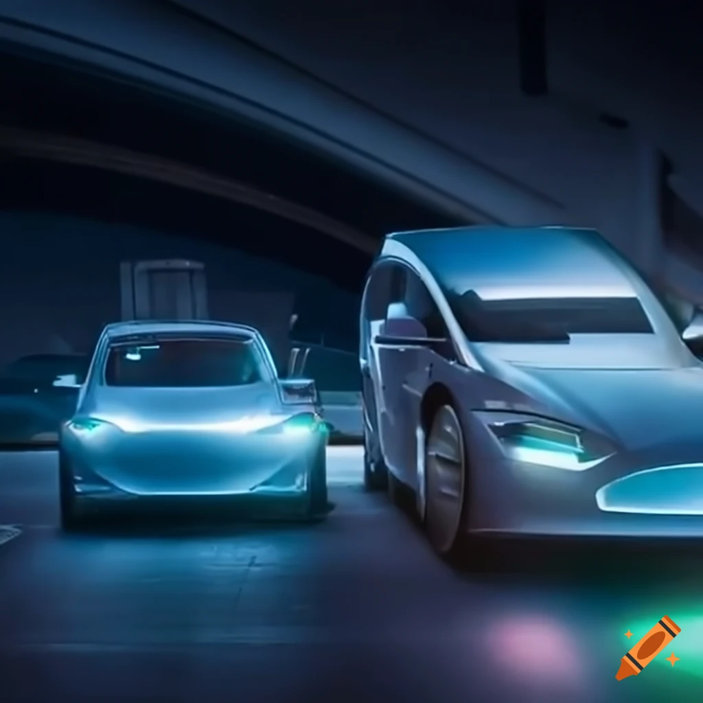 Futuristic fusion of an electric TESLA car and a service truck on the highway