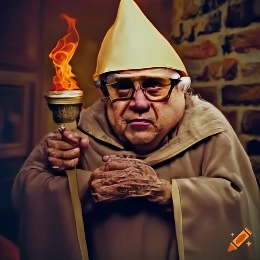 Fantasy art of Danny DeVito as a gnome in a medieval monk robe holding a torch