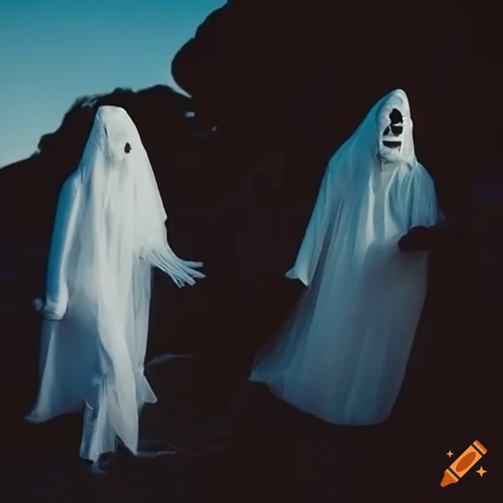 People in vintage ghost costumes on a rocky coast with galaxy sky