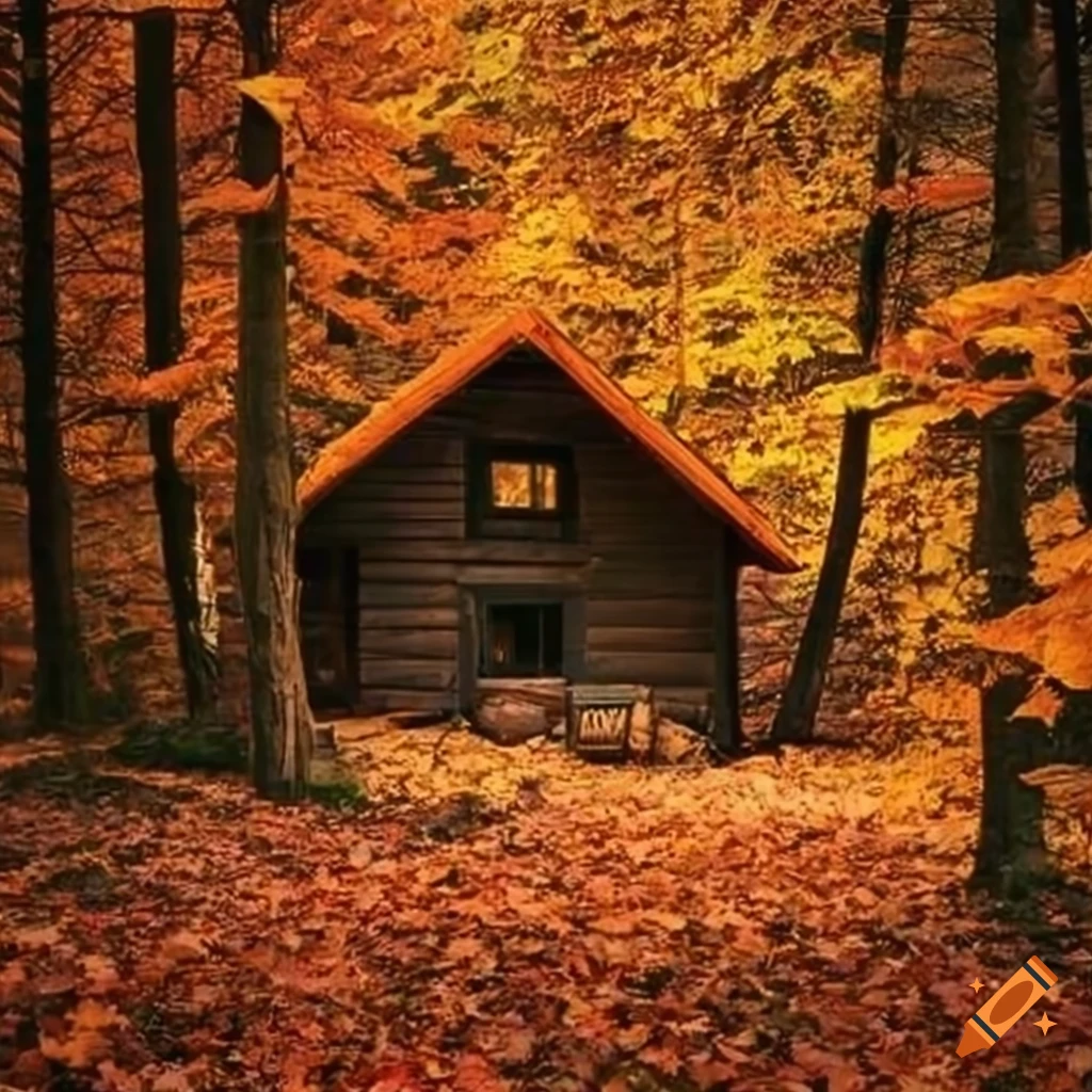 Cozy cabin surrounded by colorful autumn leaves in the woods on Craiyon