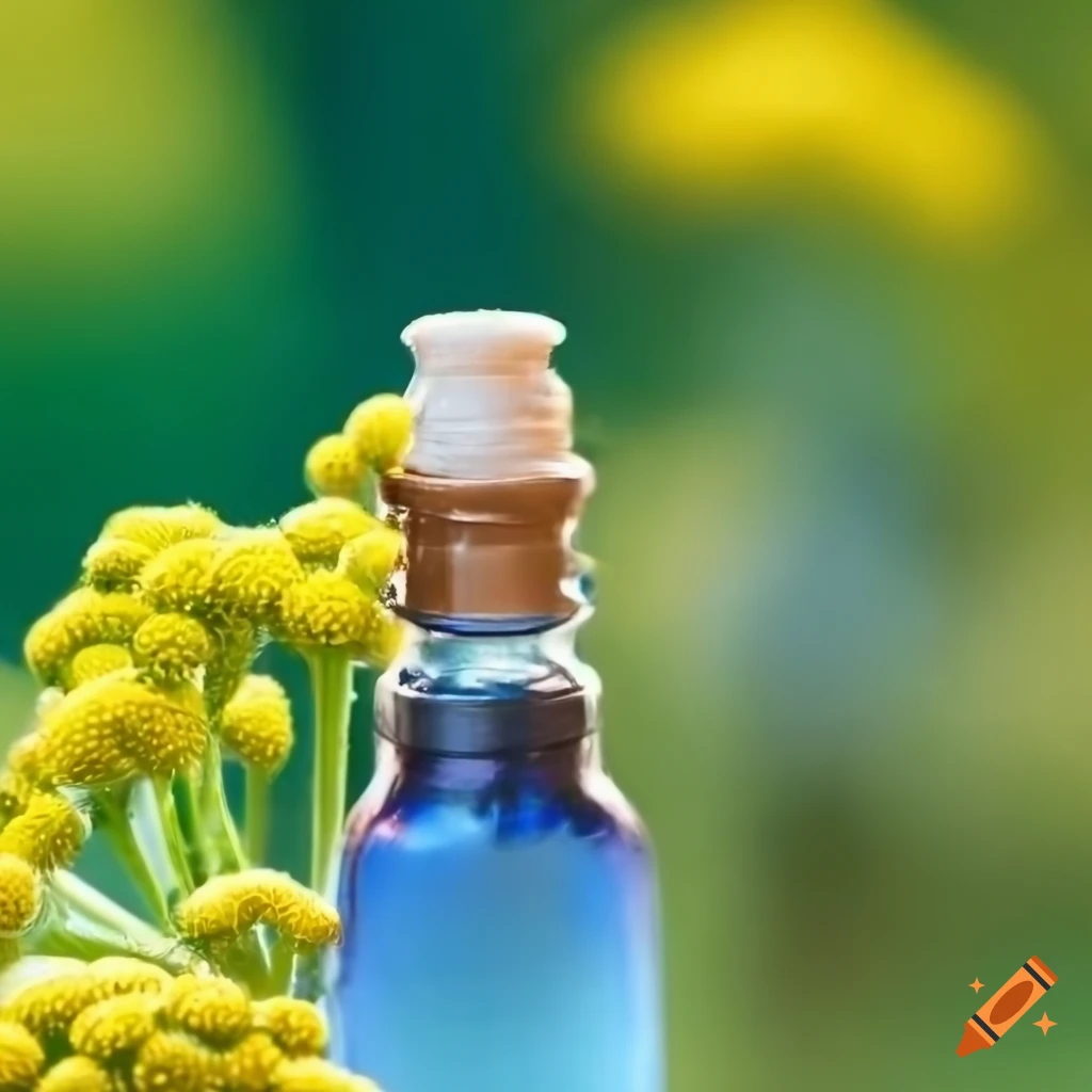 High-resolution image of Blue Tansy Oil plant and bottle