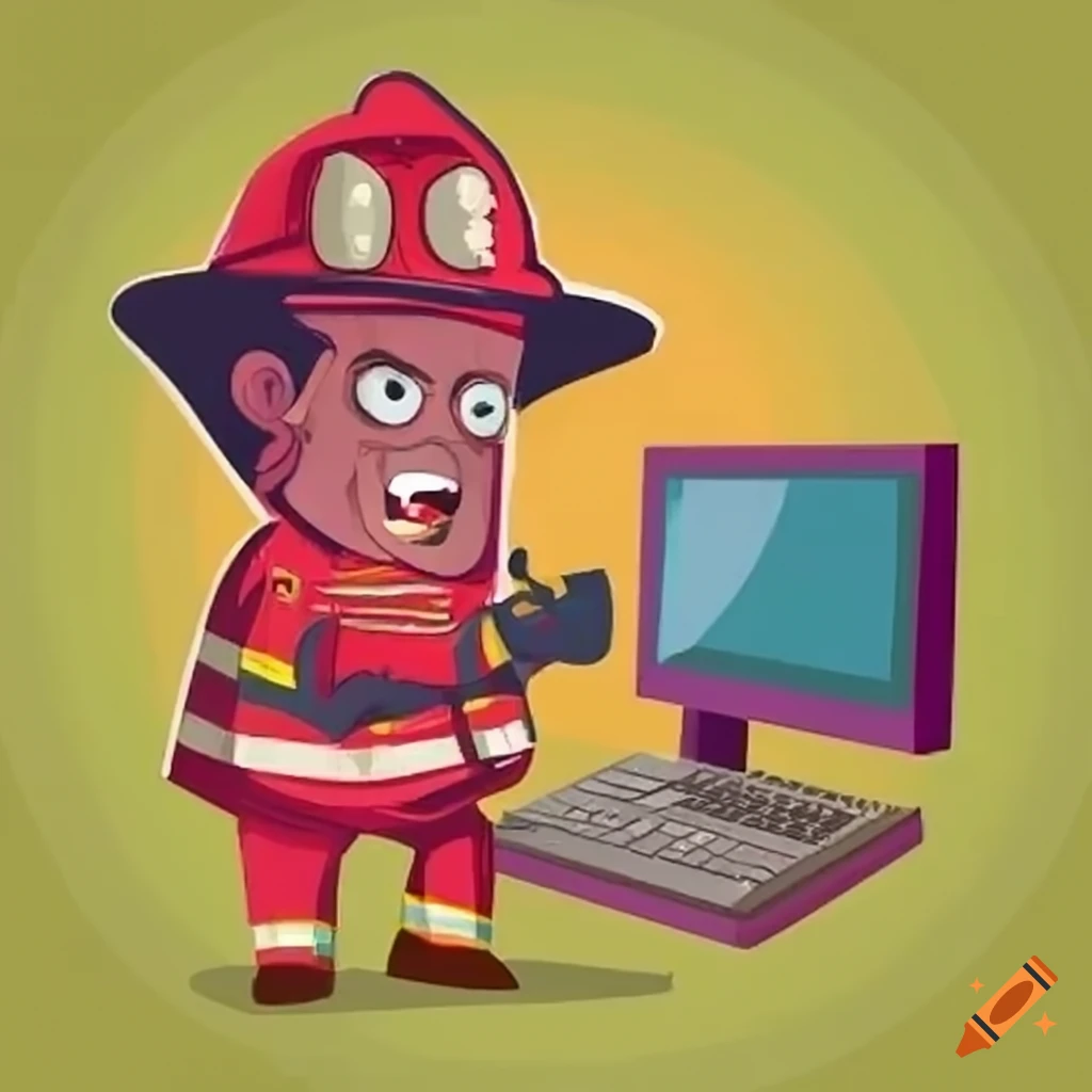Humorous cartoon of a tech expert in a firefighter costume battling an ...