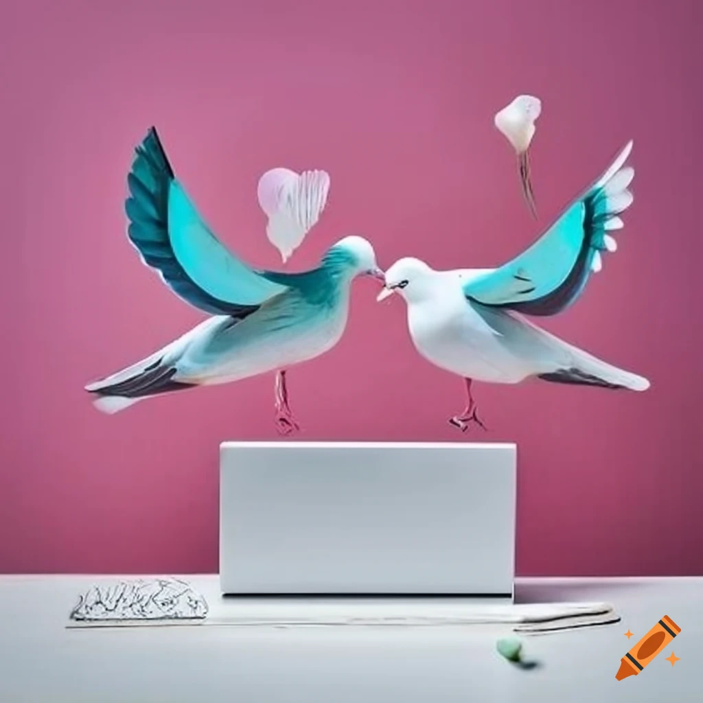 Elegant white wooden desktop with two doves and modern art