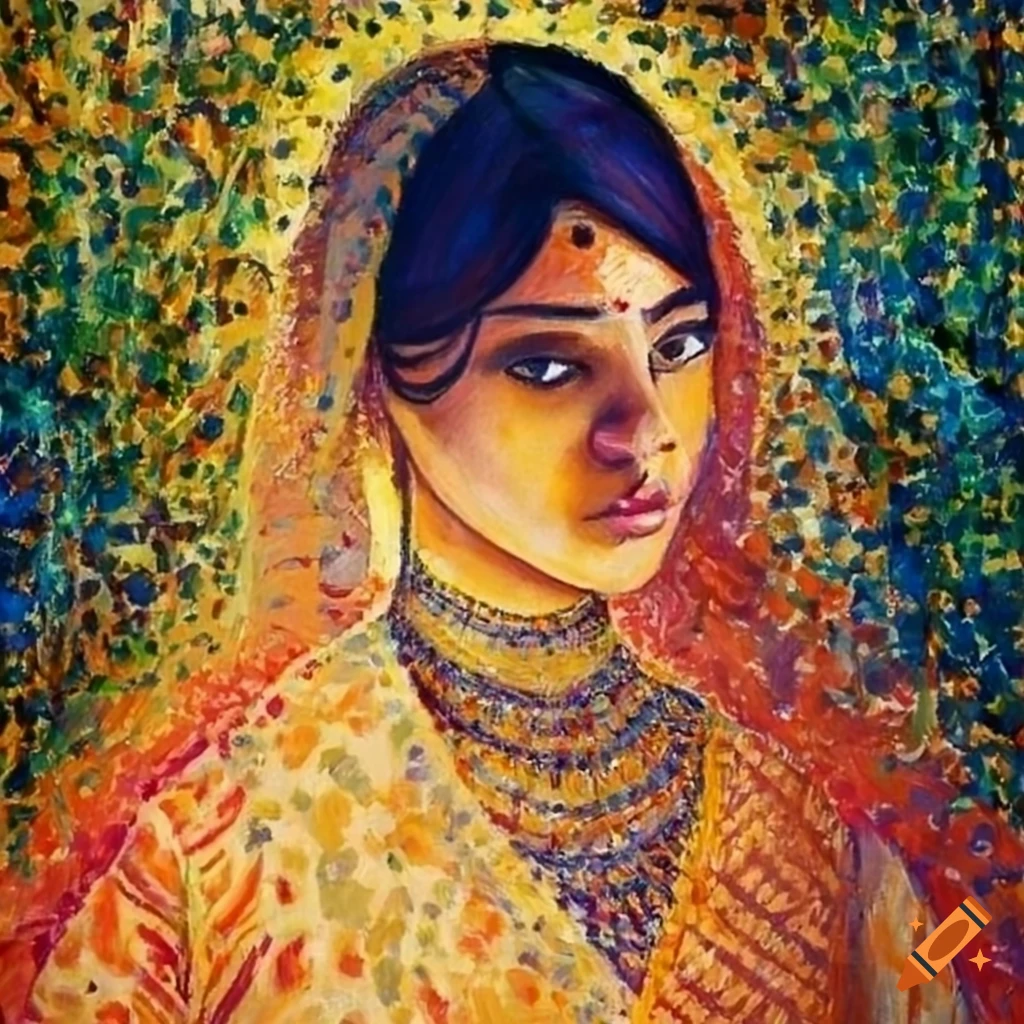 Indian girl in traditional clothes with a style of Seurat